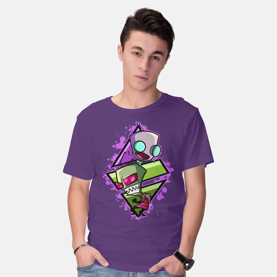 Model wearing purple Invader And Robot – Funny Graphic T-Shirt