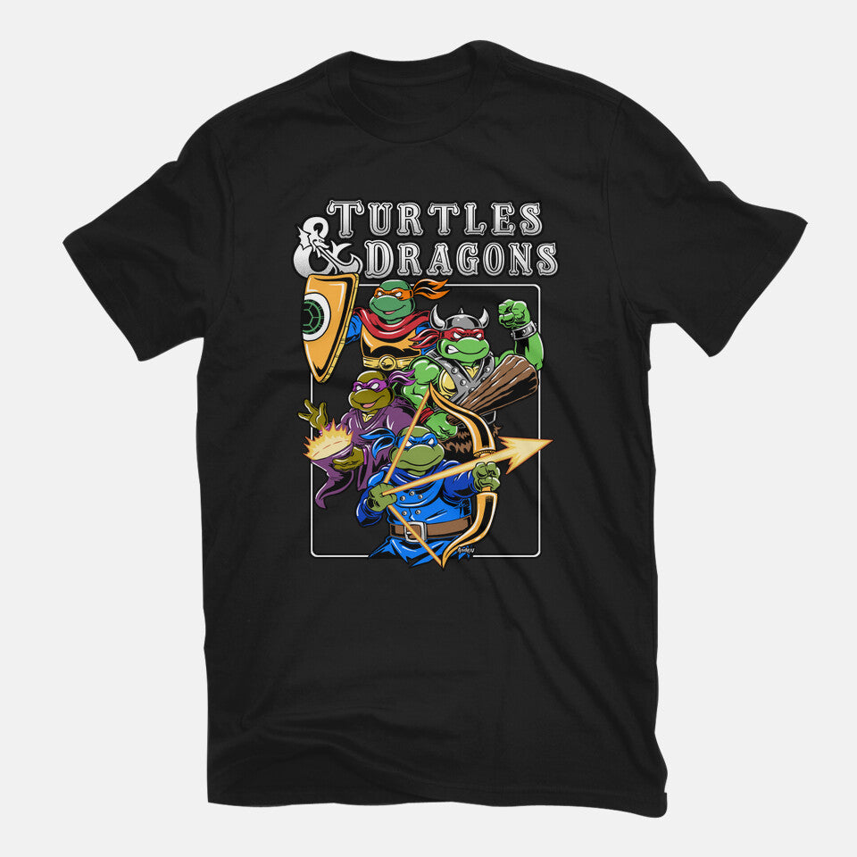 Turtles And Dragons Graphic T-Shirt in black, flat-lay product view