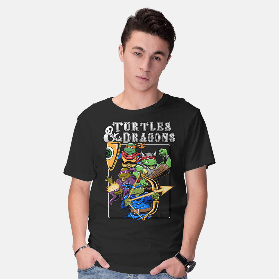 Model wearing black Turtles And Dragons Graphic T-Shirt