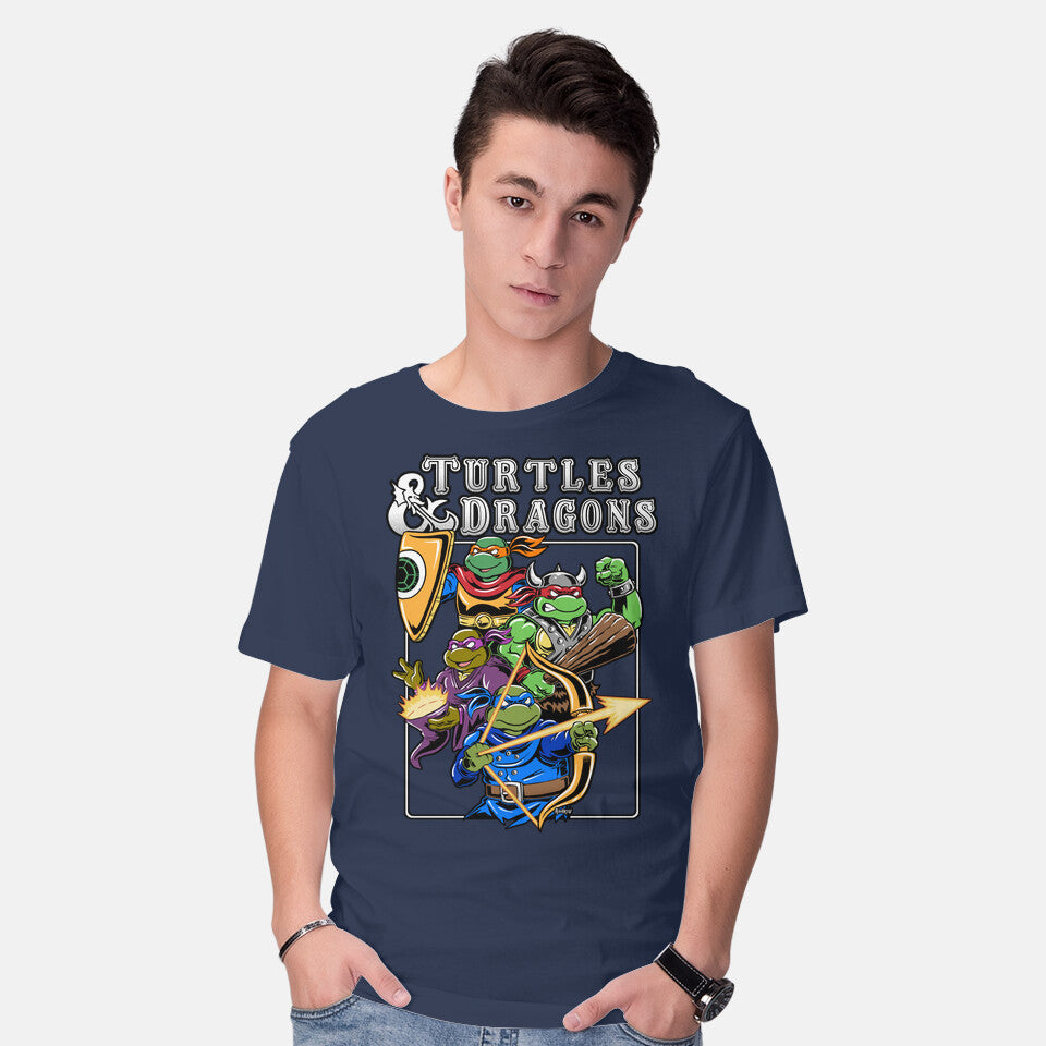 Model wearing navy Turtles And Dragons Graphic T-Shirt