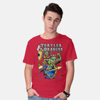 Model wearing red Turtles And Dragons Graphic T-Shirt