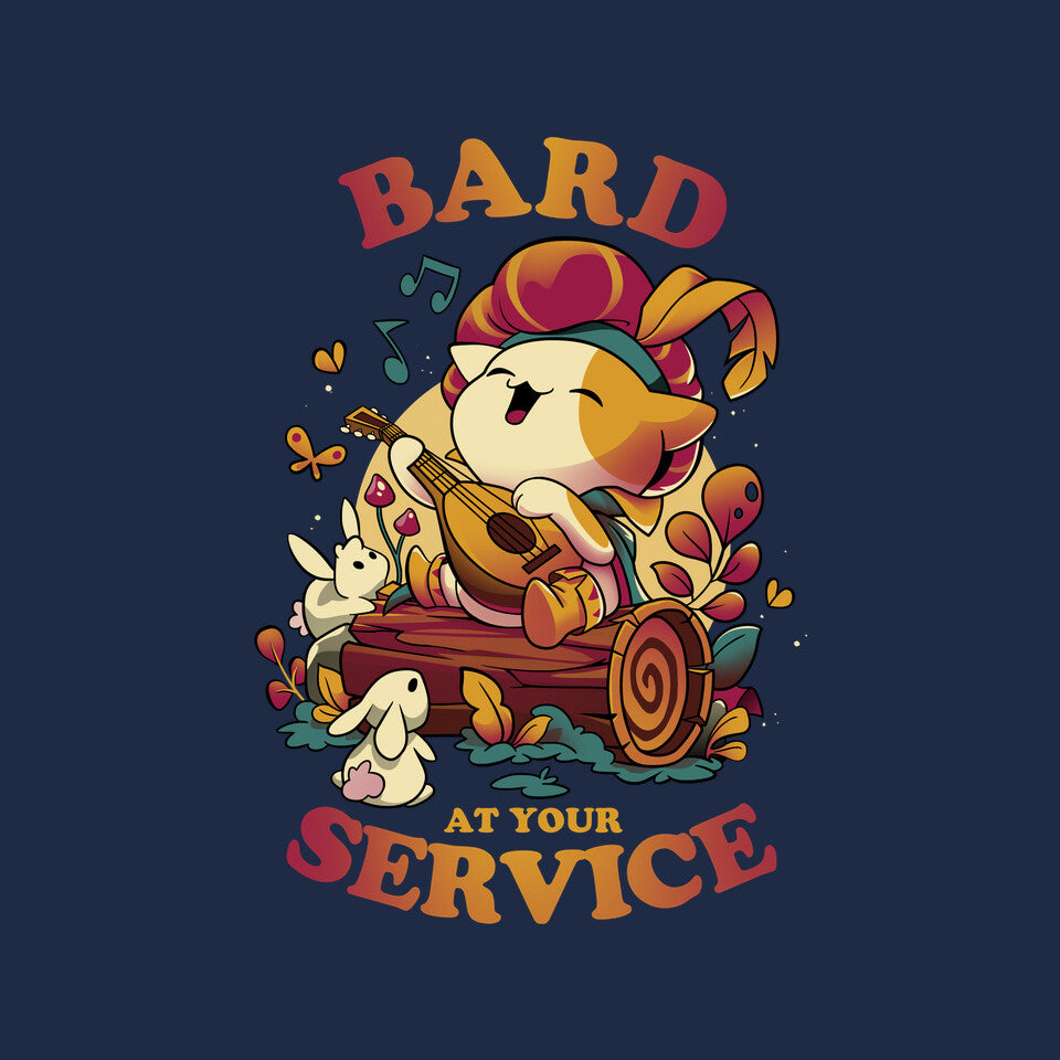 Bard's Call – Cat Graphic T-Shirt design artwork for navy graphic T-shirt