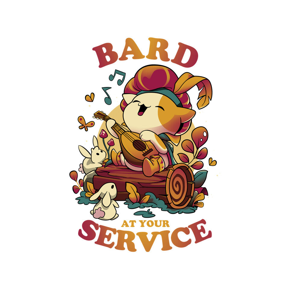 Bard's Call – Cat Graphic T-Shirt design artwork for white graphic T-shirt