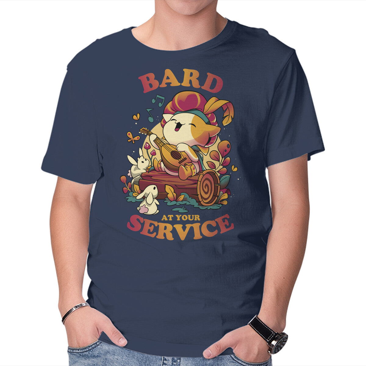 Bard's Call – Cat Graphic T-Shirt in navy, product display