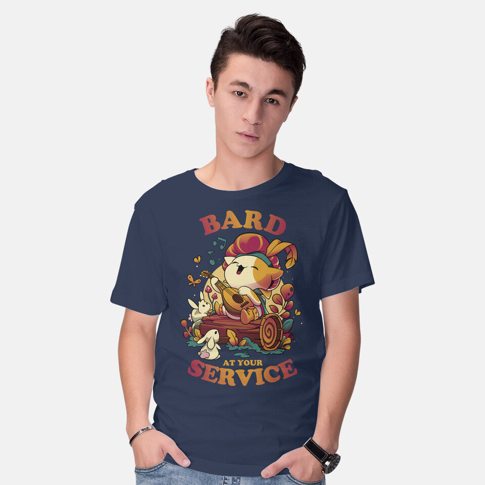 Model wearing navy Bard's Call – Cat Graphic T-Shirt