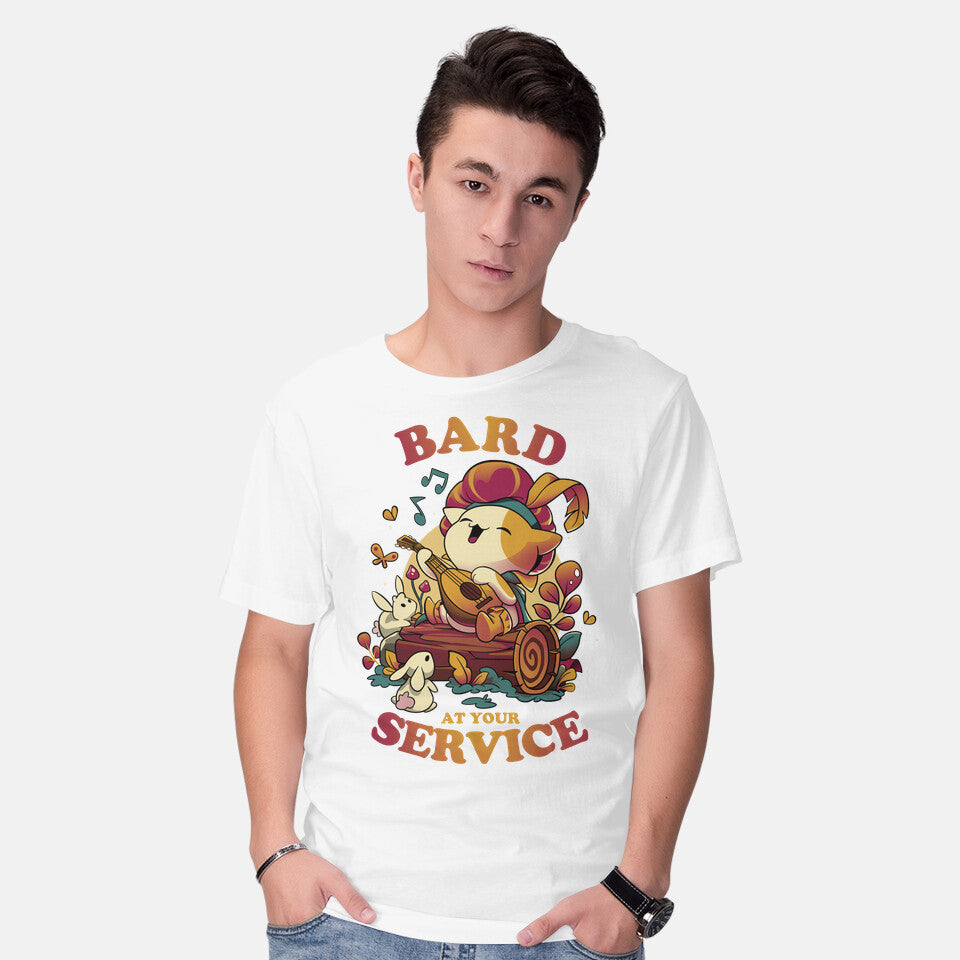 Model wearing white Bard's Call – Cat Graphic T-Shirt