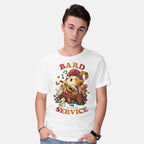Model wearing white Bard's Call – Cat Graphic T-Shirt