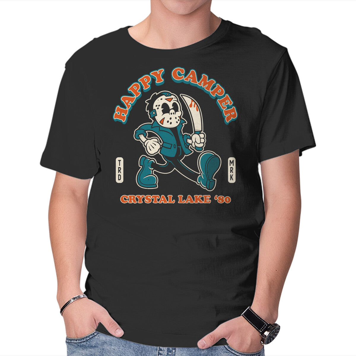 Crystal Lake Happy Camper – Horror Graphic T-Shirt in black, product display