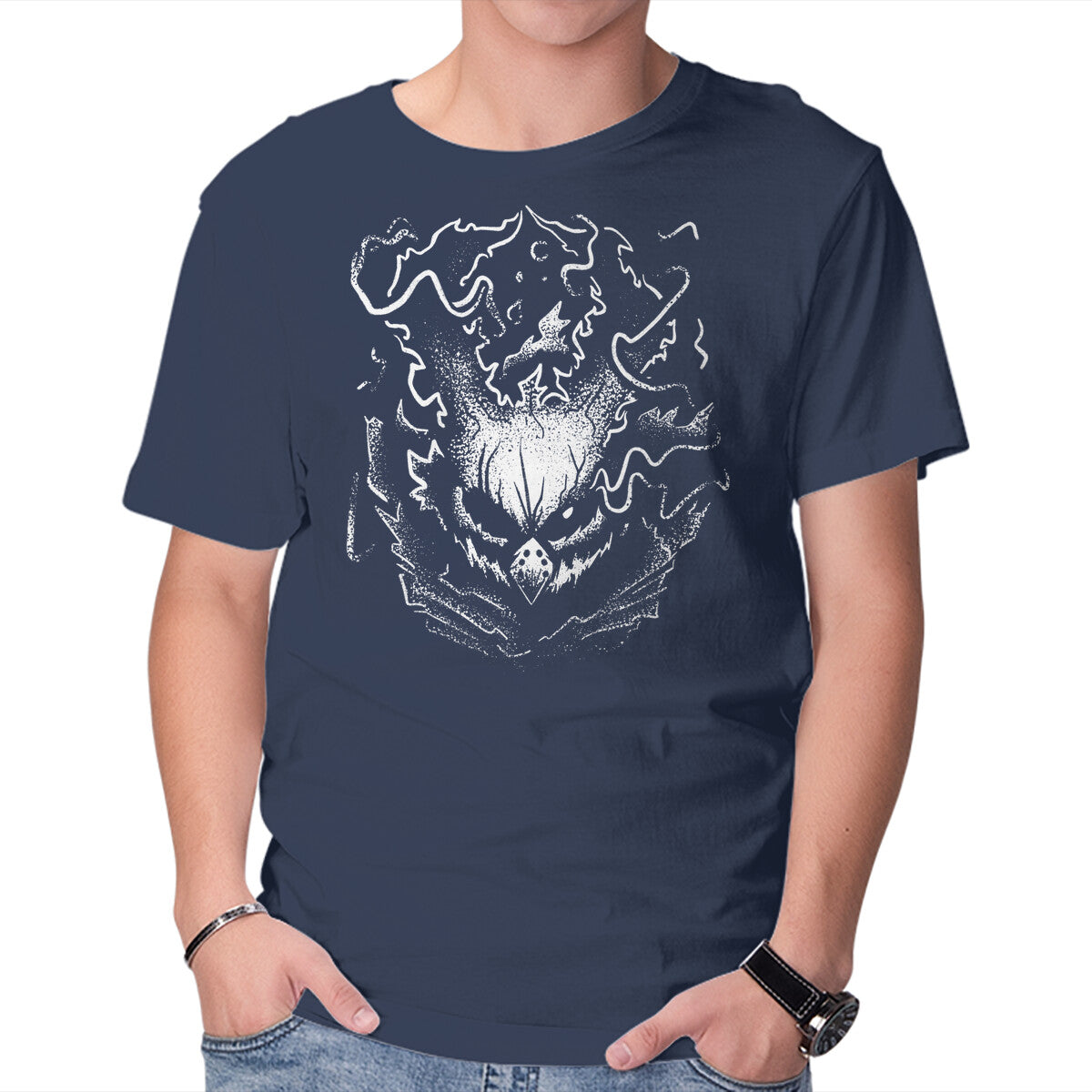 A Harrowing Hero – Anime Graphic T-Shirt in navy, product display