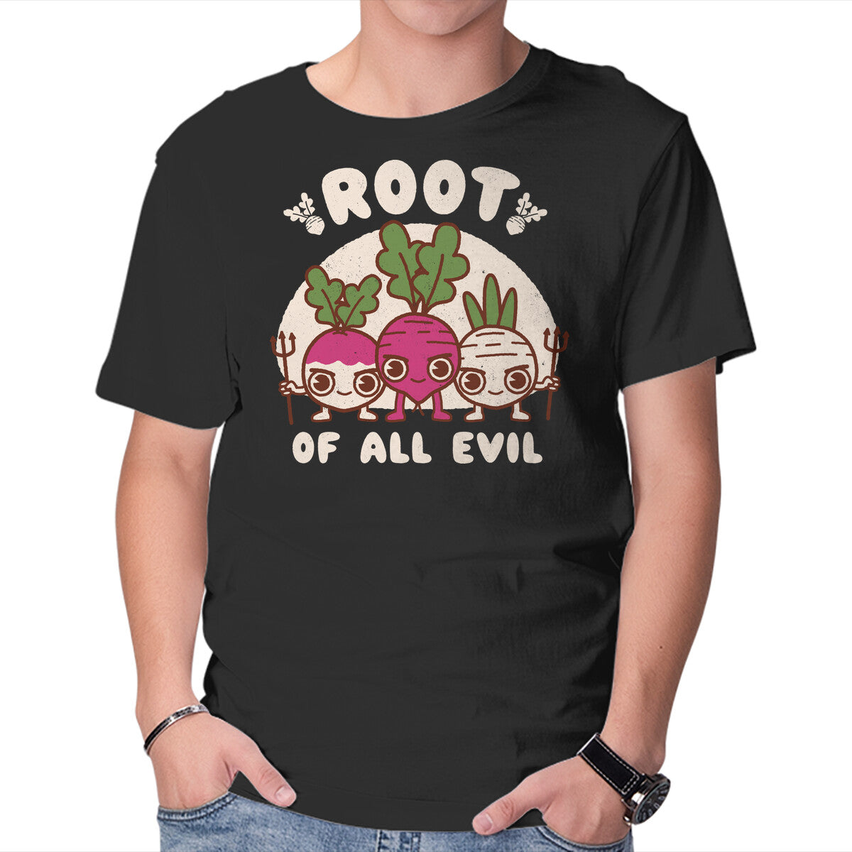 Root Of All Evil – Funny Graphic T-Shirt in black, product display