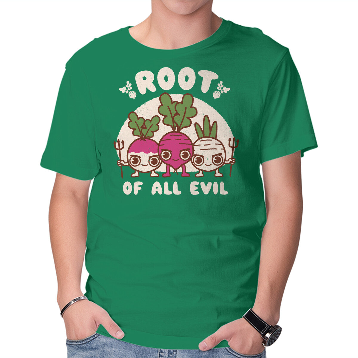 Root Of All Evil – Funny Graphic T-Shirt in green, product display