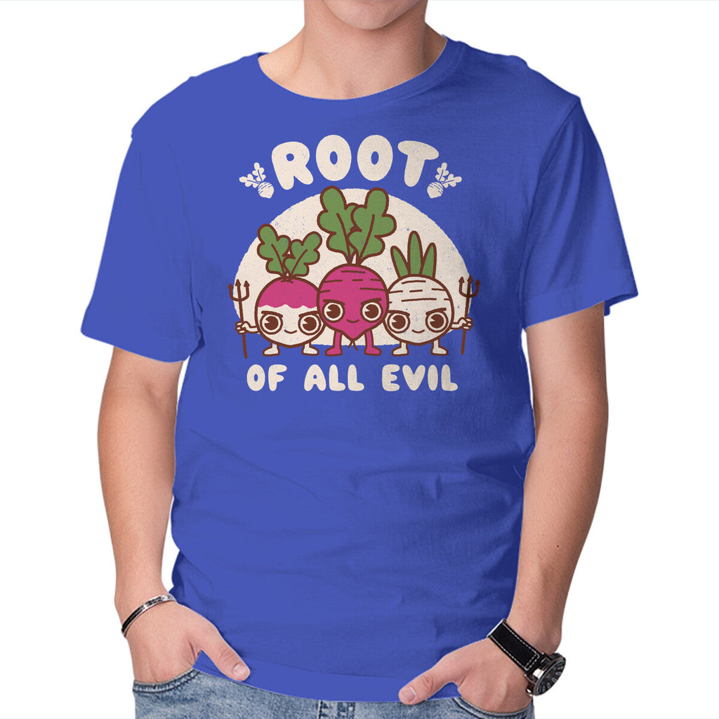 Root Of All Evil – Funny Graphic T-Shirt in royal blue, product display