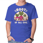 Root Of All Evil – Funny Graphic T-Shirt in royal blue, product display