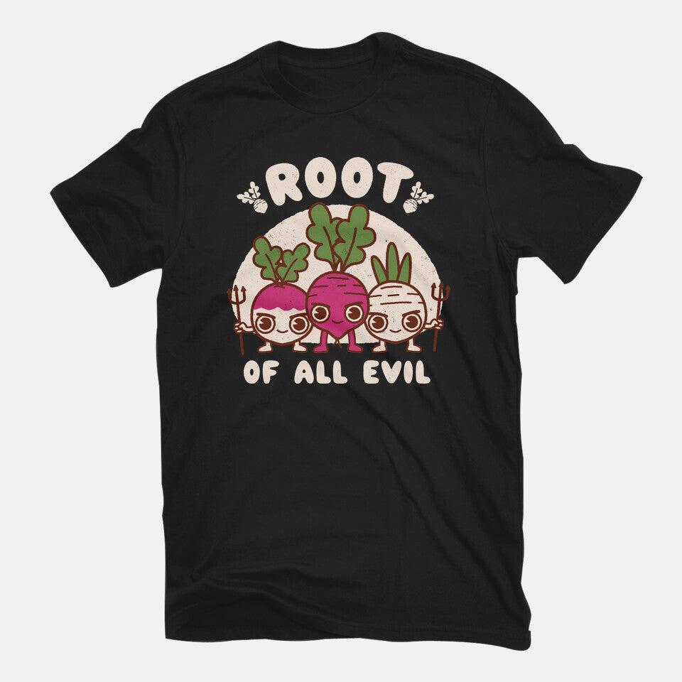 Root Of All Evil – Funny Graphic T-Shirt in black, flat-lay product view