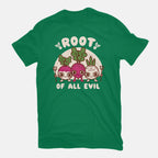 Root Of All Evil – Funny Graphic T-Shirt in green, flat-lay product view