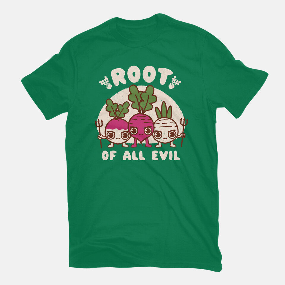 Root Of All Evil – Funny Graphic T-Shirt in green, flat-lay product view