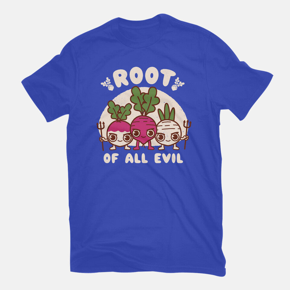 Root Of All Evil – Funny Graphic T-Shirt in royal blue, flat-lay product view