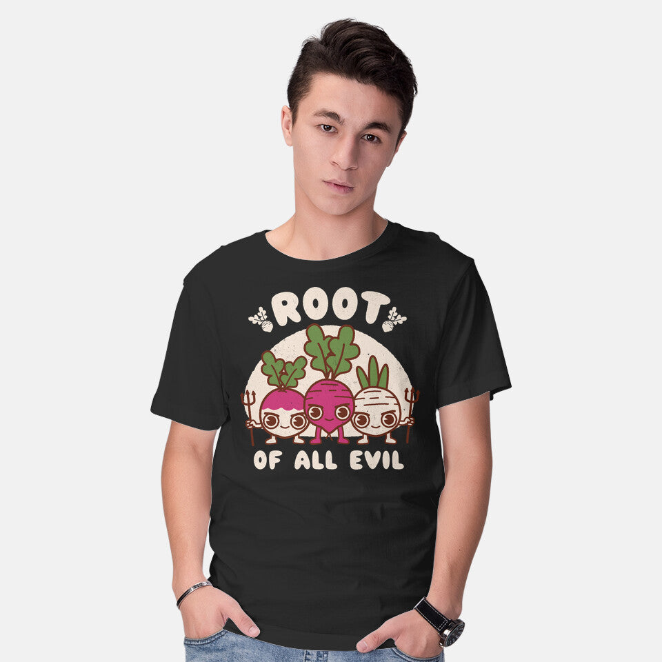 Model wearing black Root Of All Evil – Funny Graphic T-Shirt