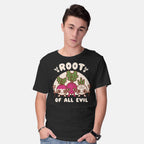Model wearing black Root Of All Evil – Funny Graphic T-Shirt