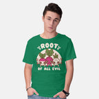 Model wearing green Root Of All Evil – Funny Graphic T-Shirt