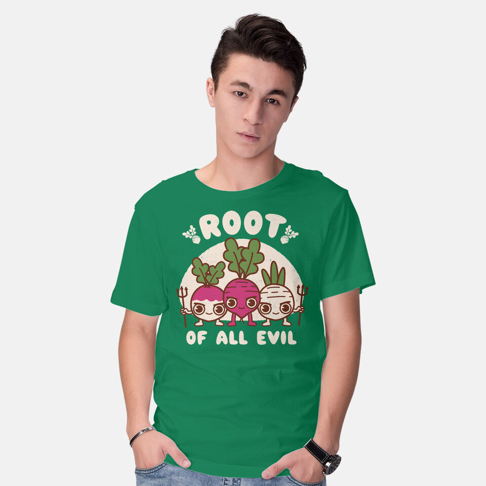 Model wearing green Root Of All Evil – Funny Graphic T-Shirt