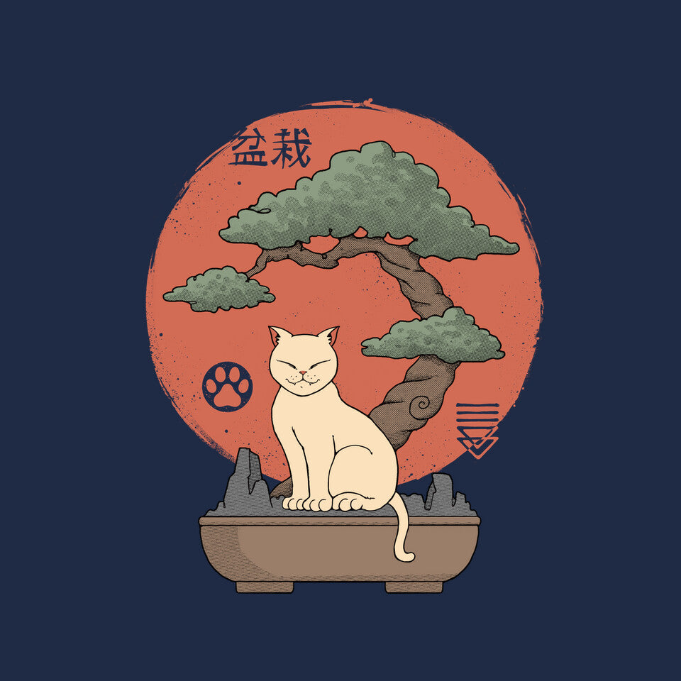 Bonsai Cat – Cat Graphic T-Shirt design artwork for navy graphic T-shirt