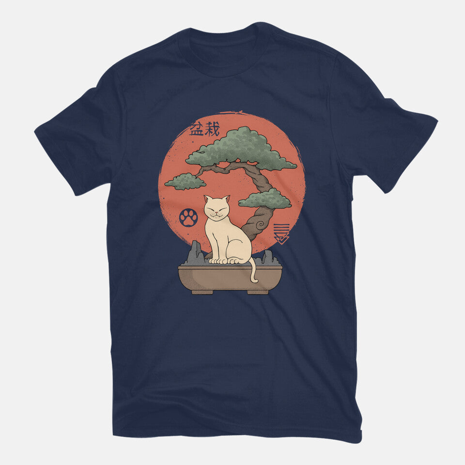 Bonsai Cat – Cat Graphic T-Shirt in navy, flat-lay product view