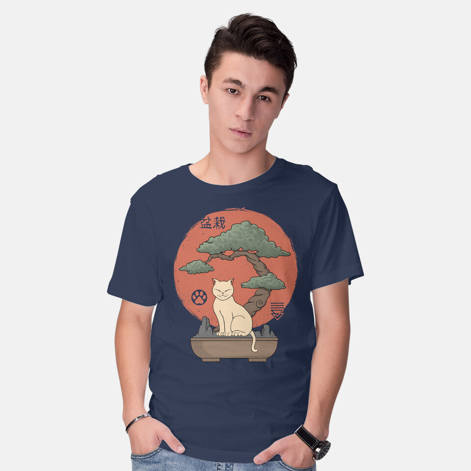 Model wearing navy Bonsai Cat – Cat Graphic T-Shirt