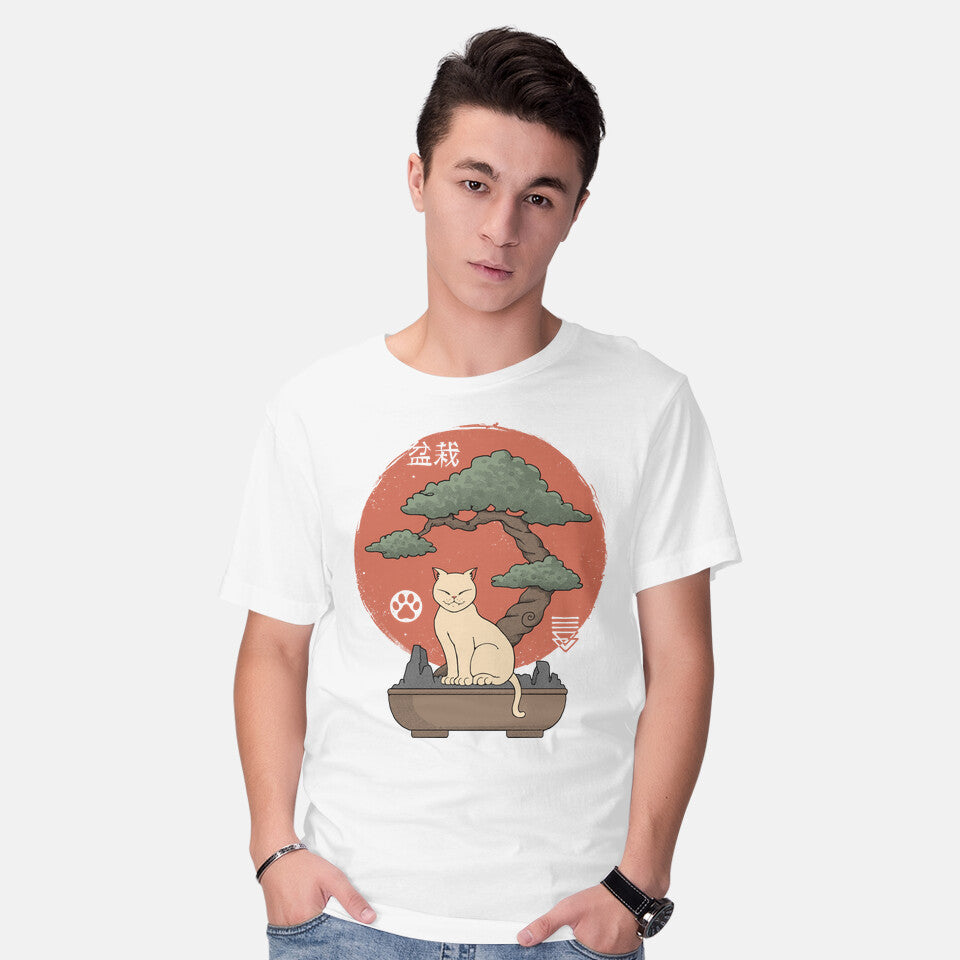 Model wearing white Bonsai Cat – Cat Graphic T-Shirt