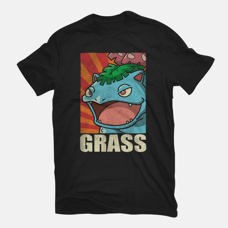 Grass! – Gaming Graphic T-Shirt in black, flat-lay product view