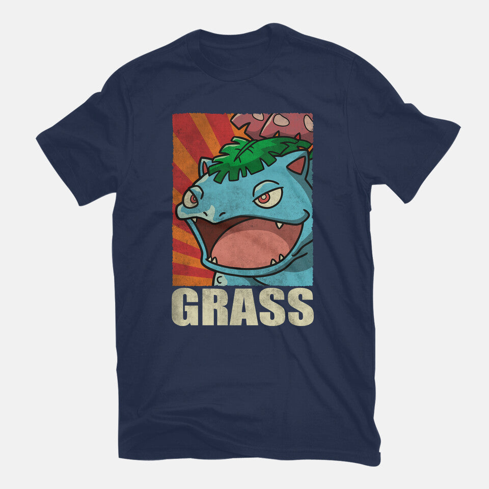 Grass! – Gaming Graphic T-Shirt in navy, flat-lay product view