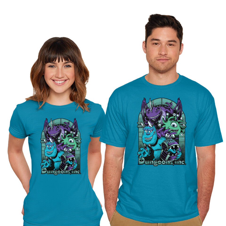 Model wearing turquoise Dungeons Inc – Movie Graphic T-Shirt
