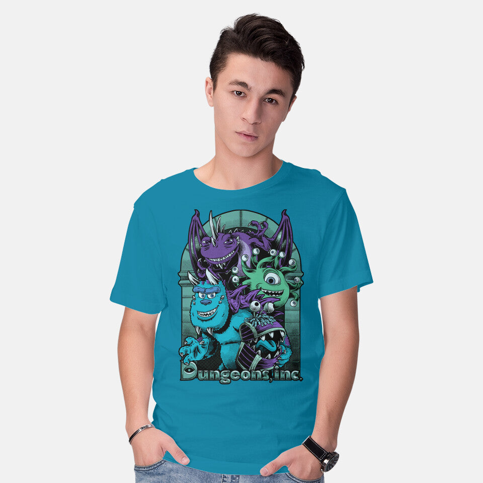 Model wearing turquoise Dungeons Inc – Movie Graphic T-Shirt