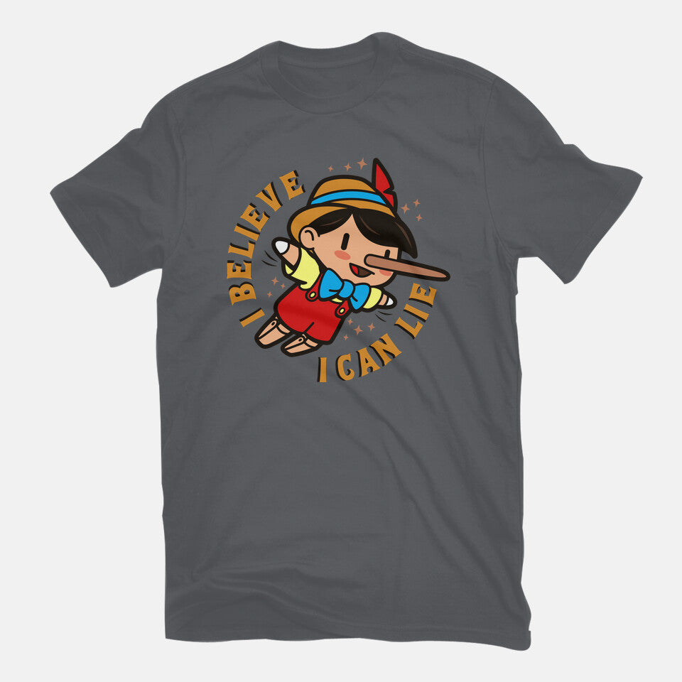 I Believe I Can Lie – Funny Graphic T-Shirt in charcoal, flat-lay product view