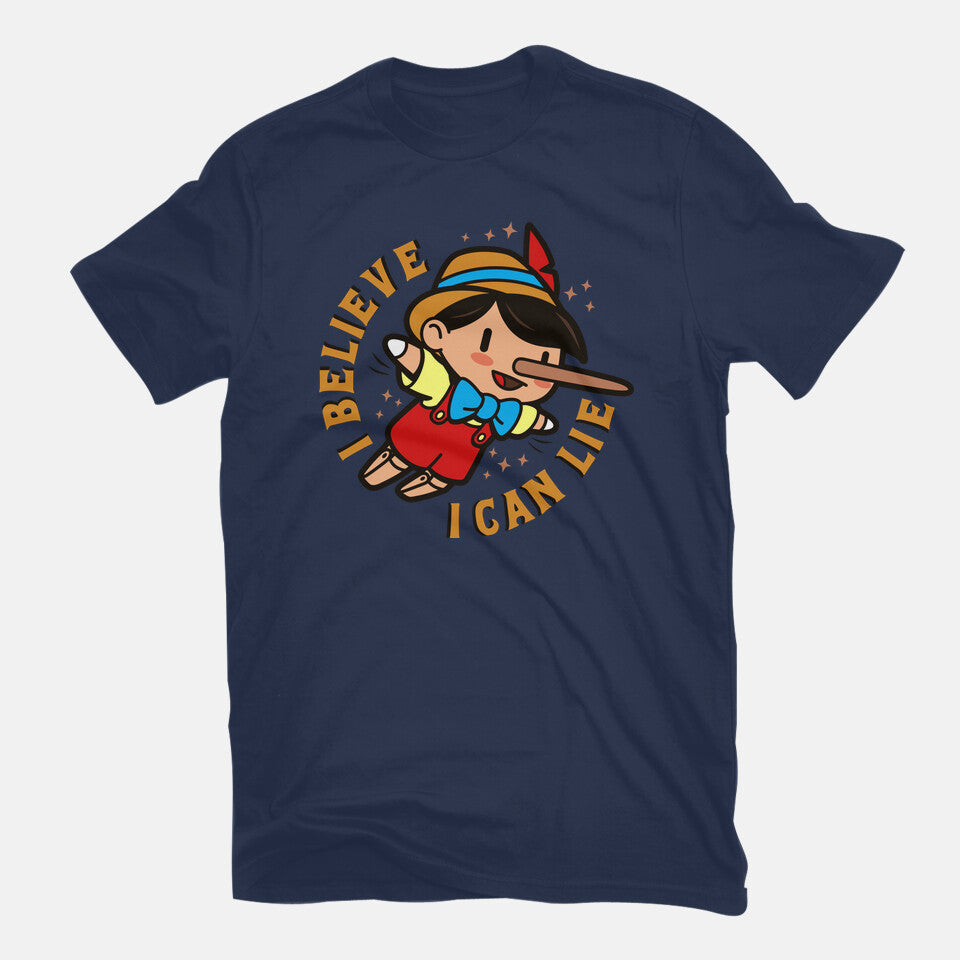 I Believe I Can Lie – Funny Graphic T-Shirt in navy, flat-lay product view