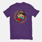 I Believe I Can Lie – Funny Graphic T-Shirt in purple, flat-lay product view