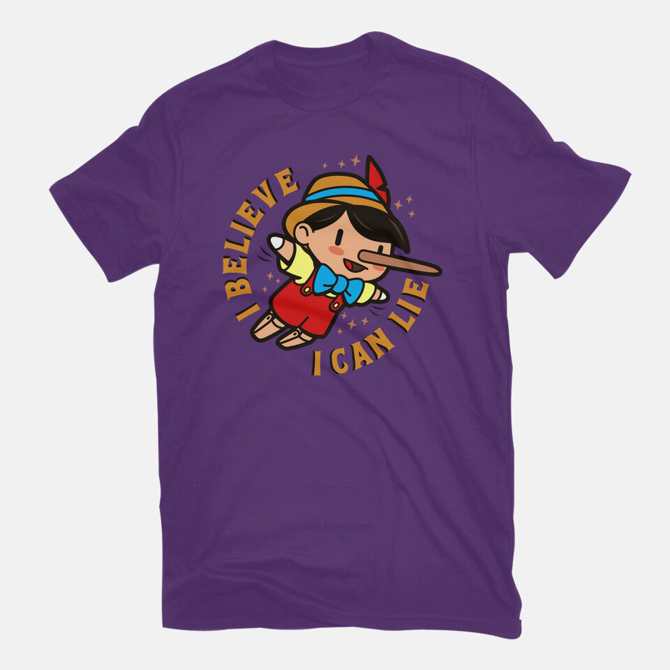 I Believe I Can Lie – Funny Graphic T-Shirt in purple, flat-lay product view