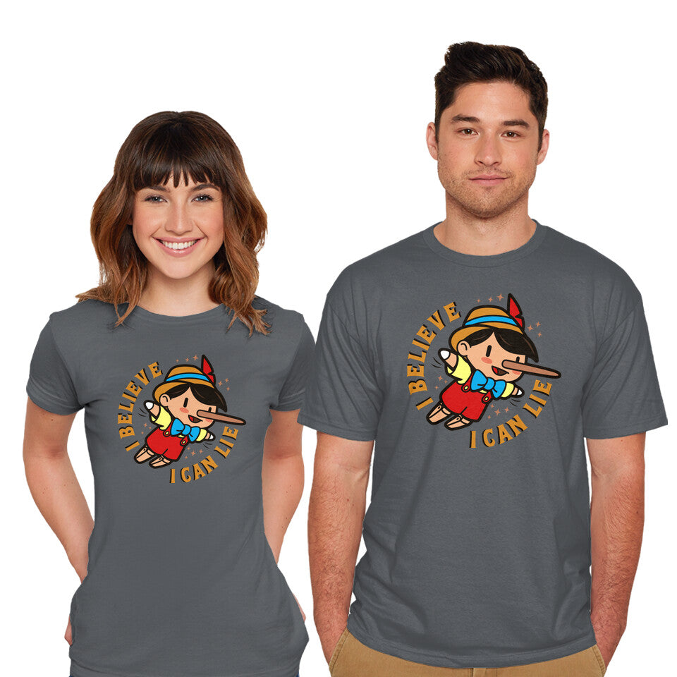 Model wearing charcoal I Believe I Can Lie – Funny Graphic T-Shirt