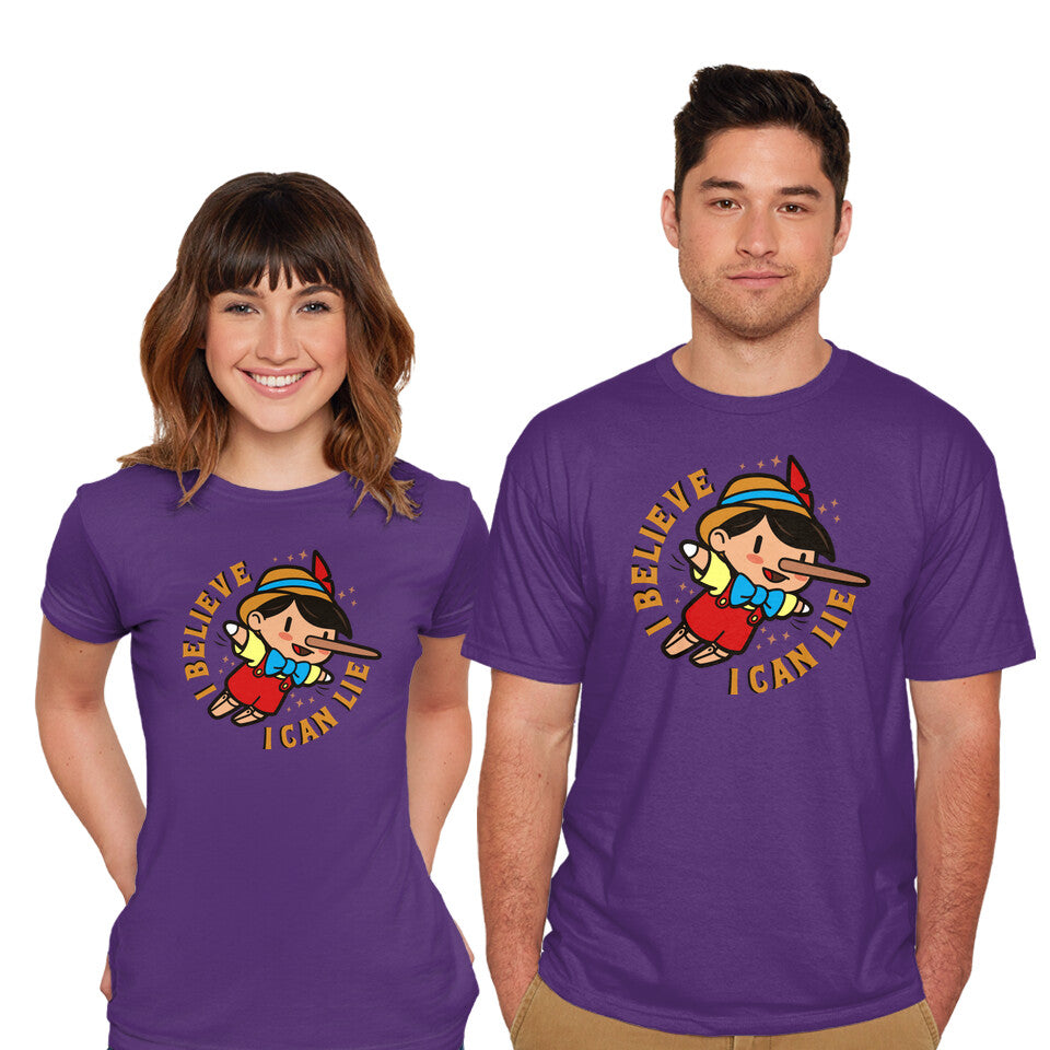 Model wearing purple I Believe I Can Lie – Funny Graphic T-Shirt