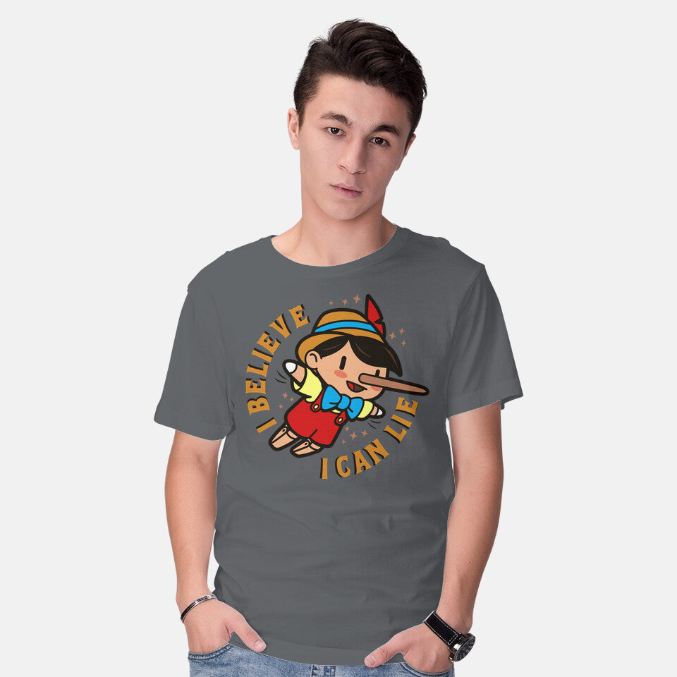 Model wearing charcoal I Believe I Can Lie – Funny Graphic T-Shirt