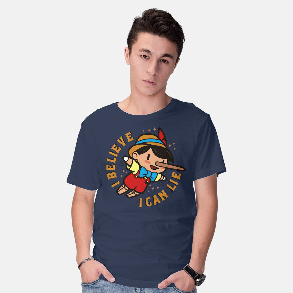 Model wearing navy I Believe I Can Lie – Funny Graphic T-Shirt
