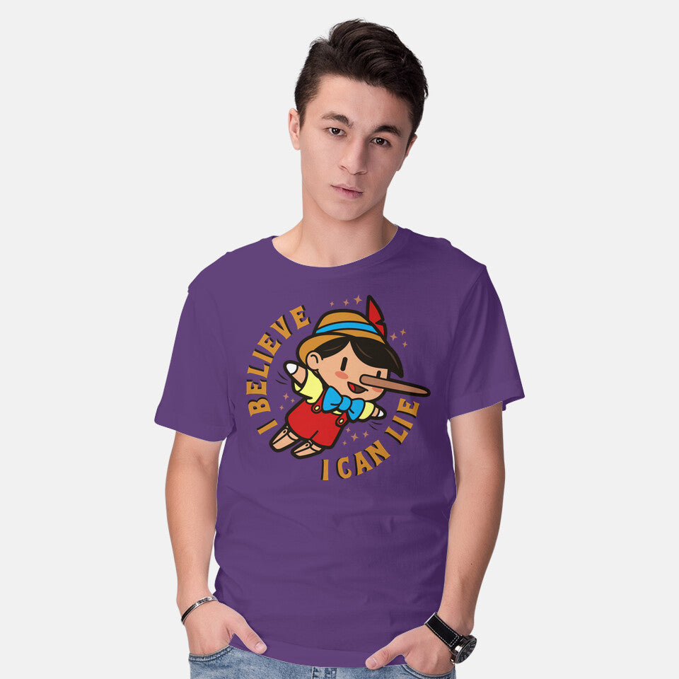 Model wearing purple I Believe I Can Lie – Funny Graphic T-Shirt
