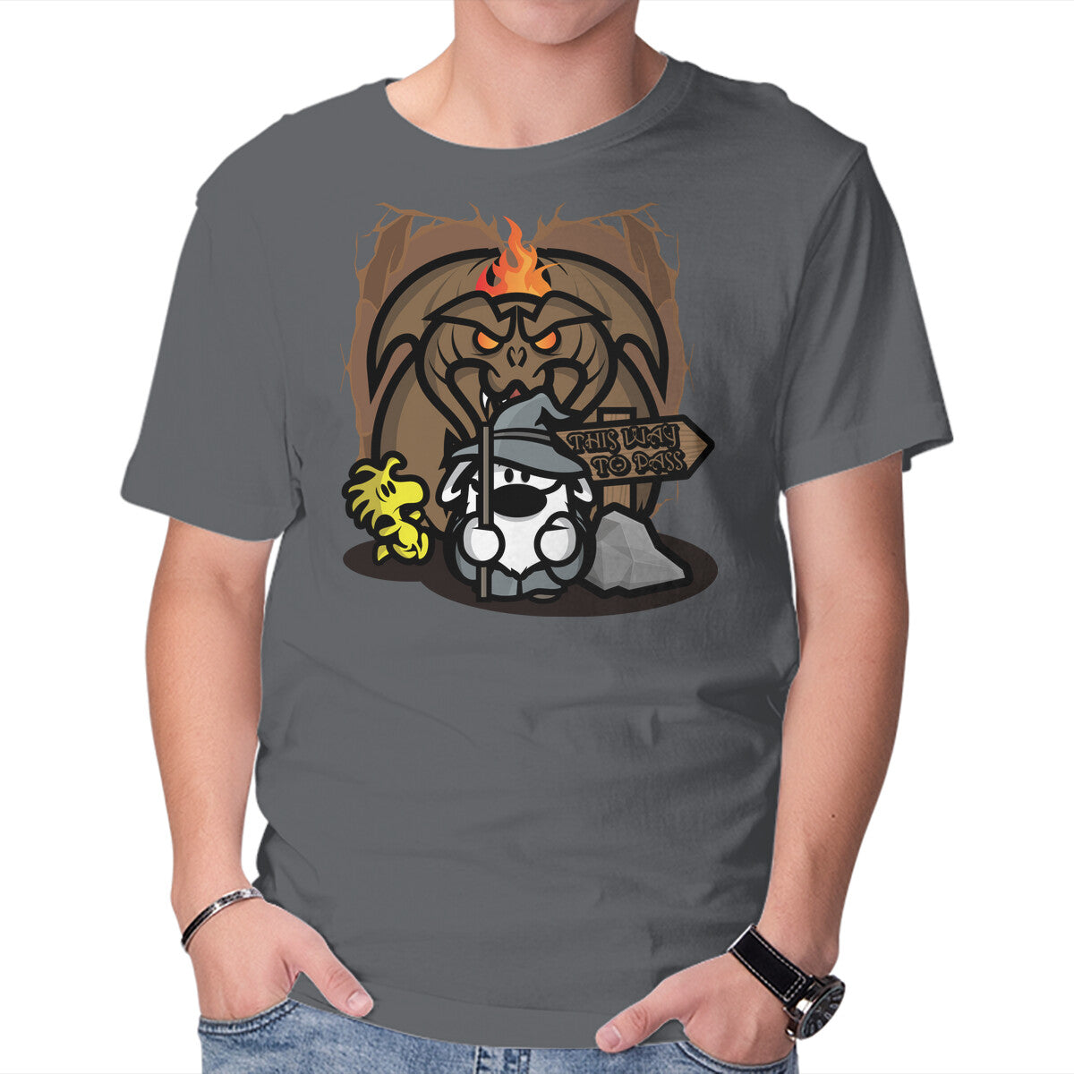 This Way To Pass – Dog Graphic T-Shirt in charcoal, product display
