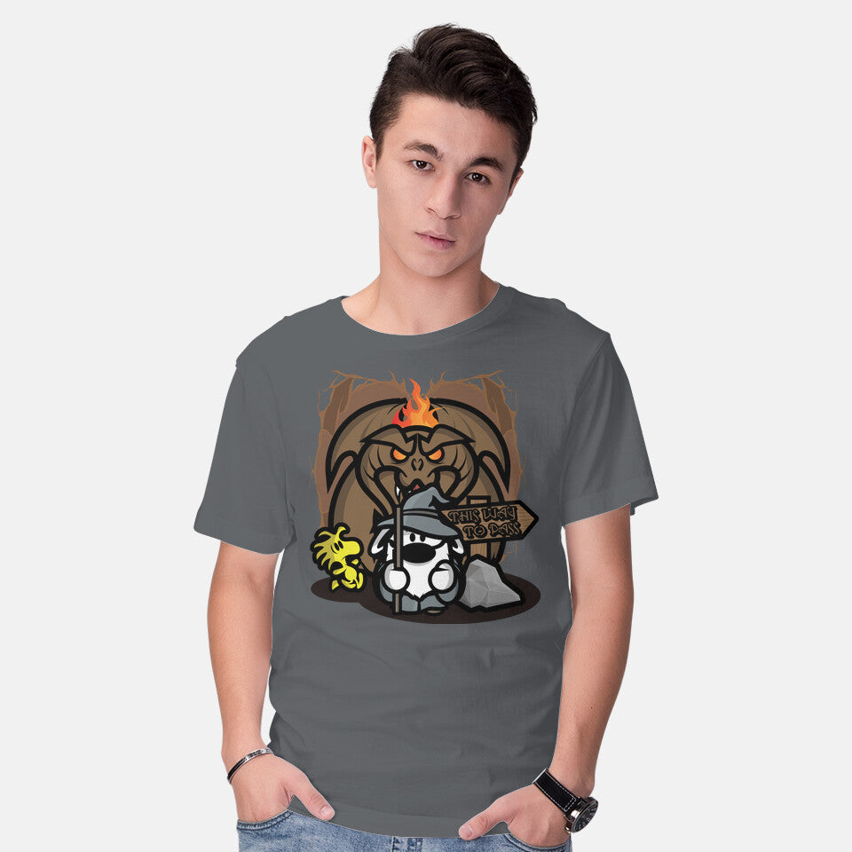 Model wearing charcoal This Way To Pass – Dog Graphic T-Shirt