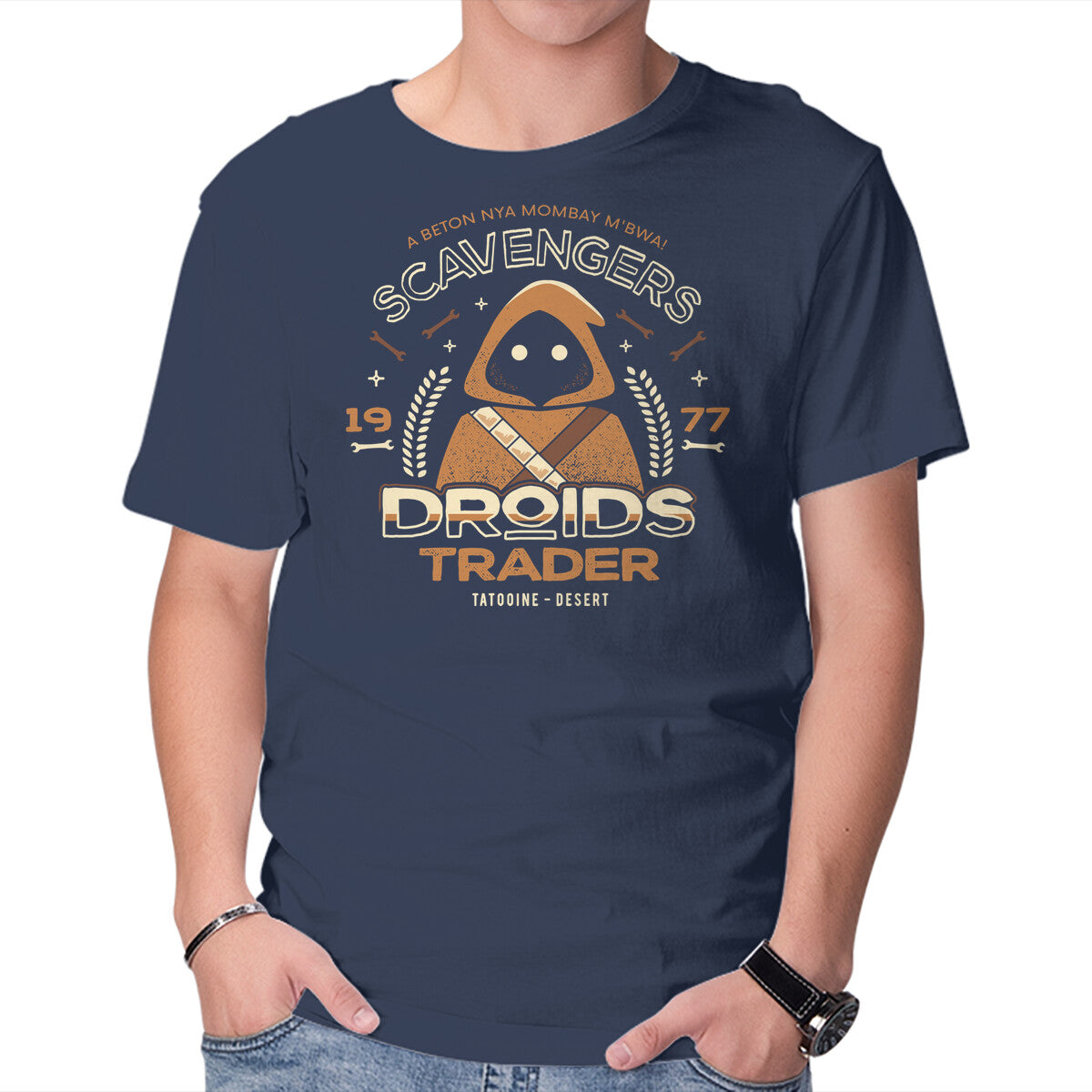 Droids Trader – Sci-Fi Graphic T-Shirt in navy, product display
