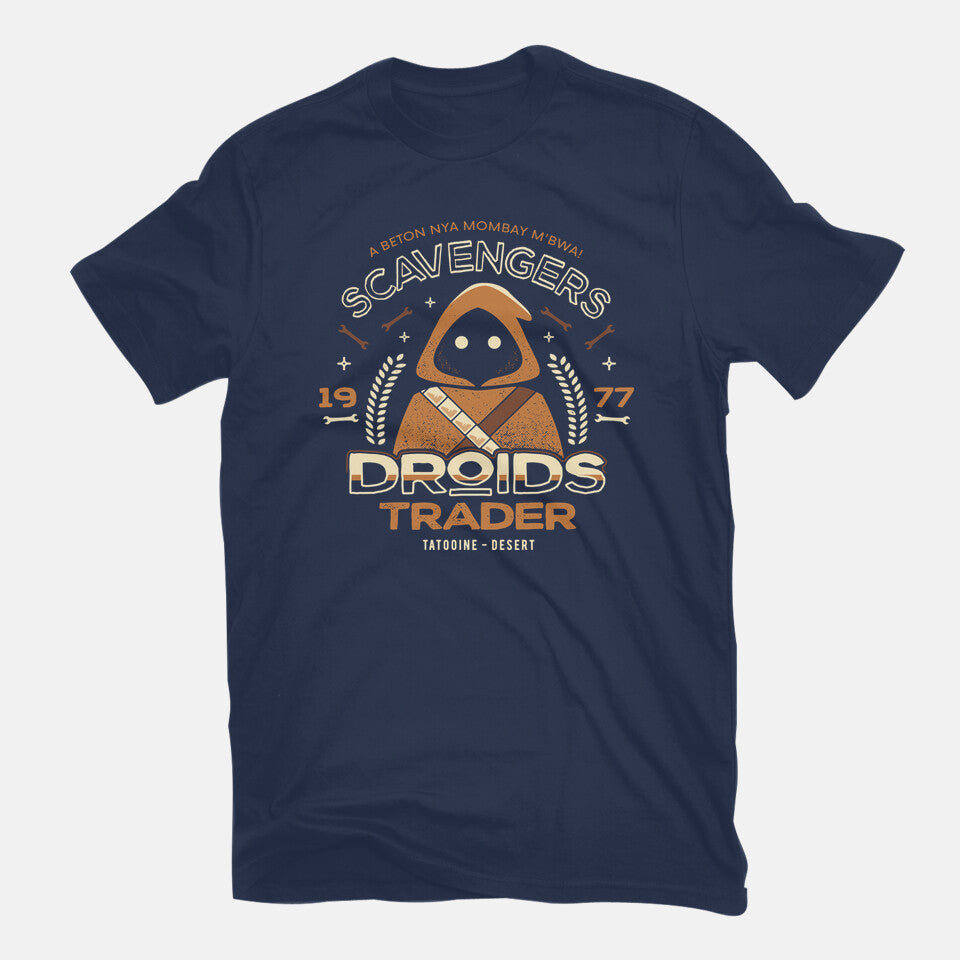 Droids Trader – Sci-Fi Graphic T-Shirt in navy, flat-lay product view