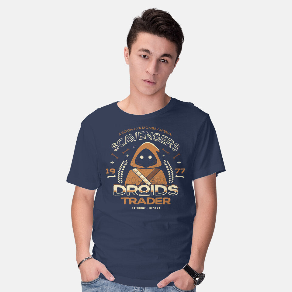 Model wearing navy Droids Trader – Sci-Fi Graphic T-Shirt
