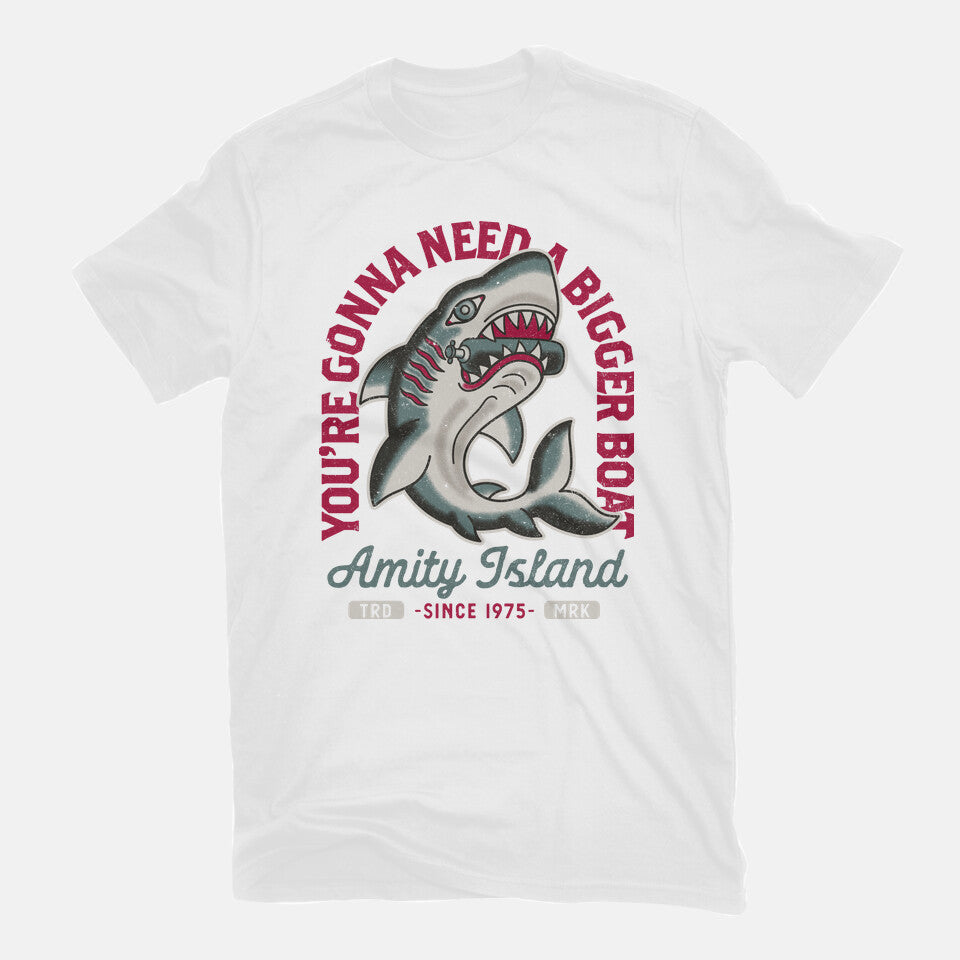 Amity Island Shark Tattoo – Horror Graphic T-Shirt in white, flat-lay product view