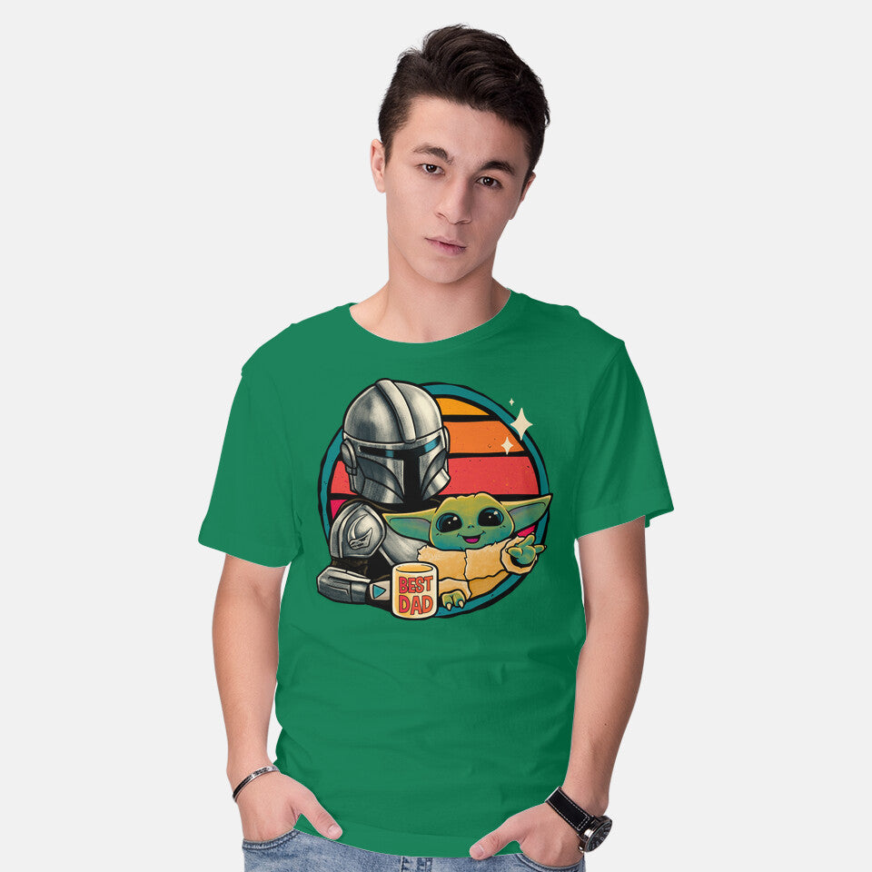 Model wearing green Beskar Dad – Sci-Fi Graphic T-Shirt