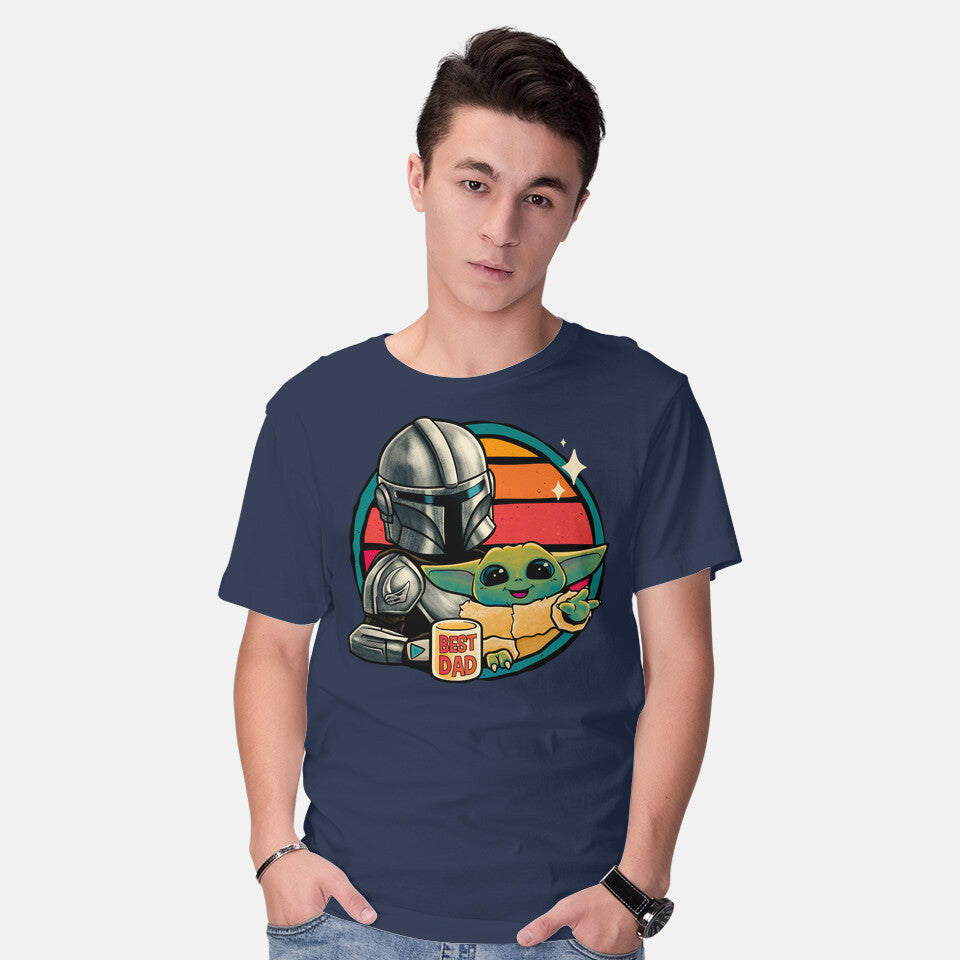 Model wearing navy Beskar Dad – Sci-Fi Graphic T-Shirt